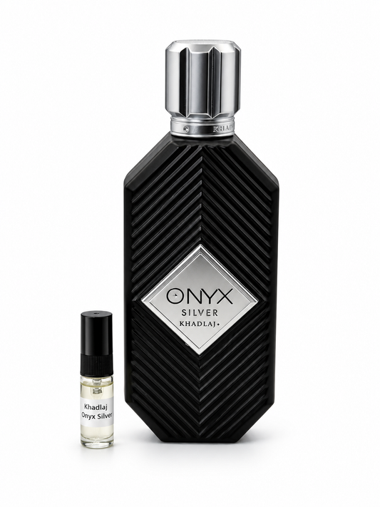 Khadlaj Onyx Silver fragrance bottle and black-capped sample vial on white