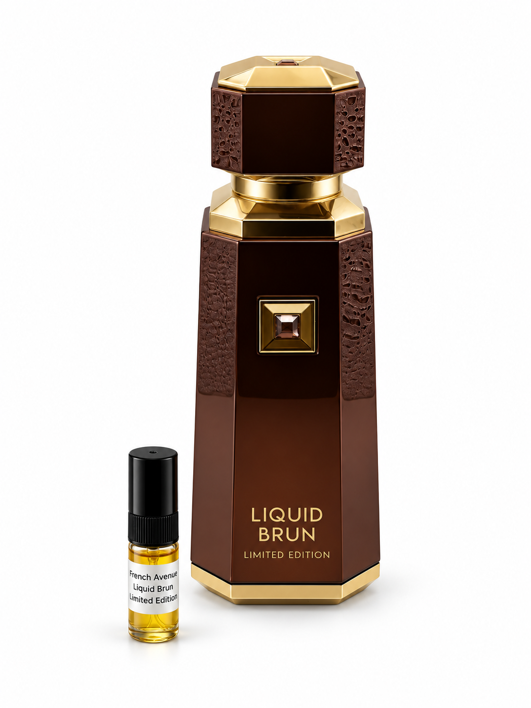 French Avenue Liquid Brun Limited Edition fragrance bottle and black-capped sample vial on white
