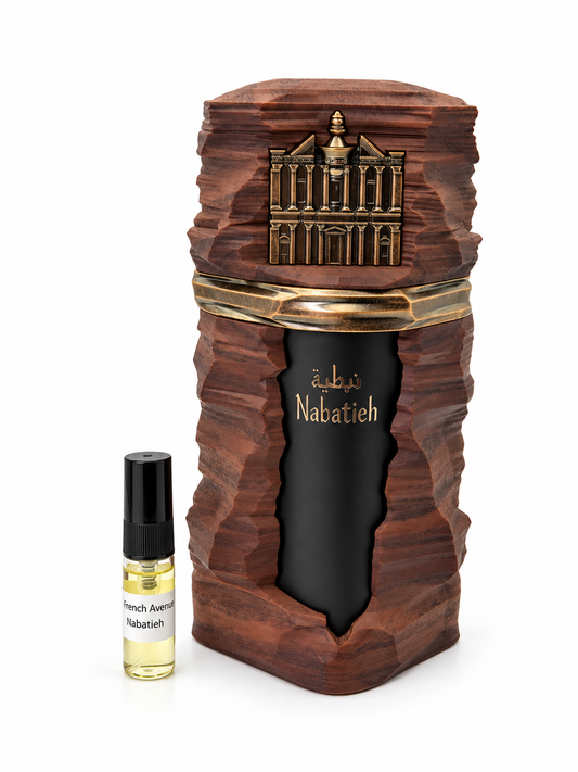 French Avenue Nabatieh fragrance bottle and black-capped sample vial on white