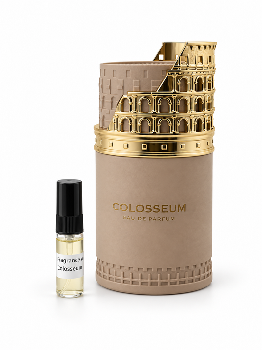 Fragrance World colosseum fragrance bottle and black-capped sample vial on white