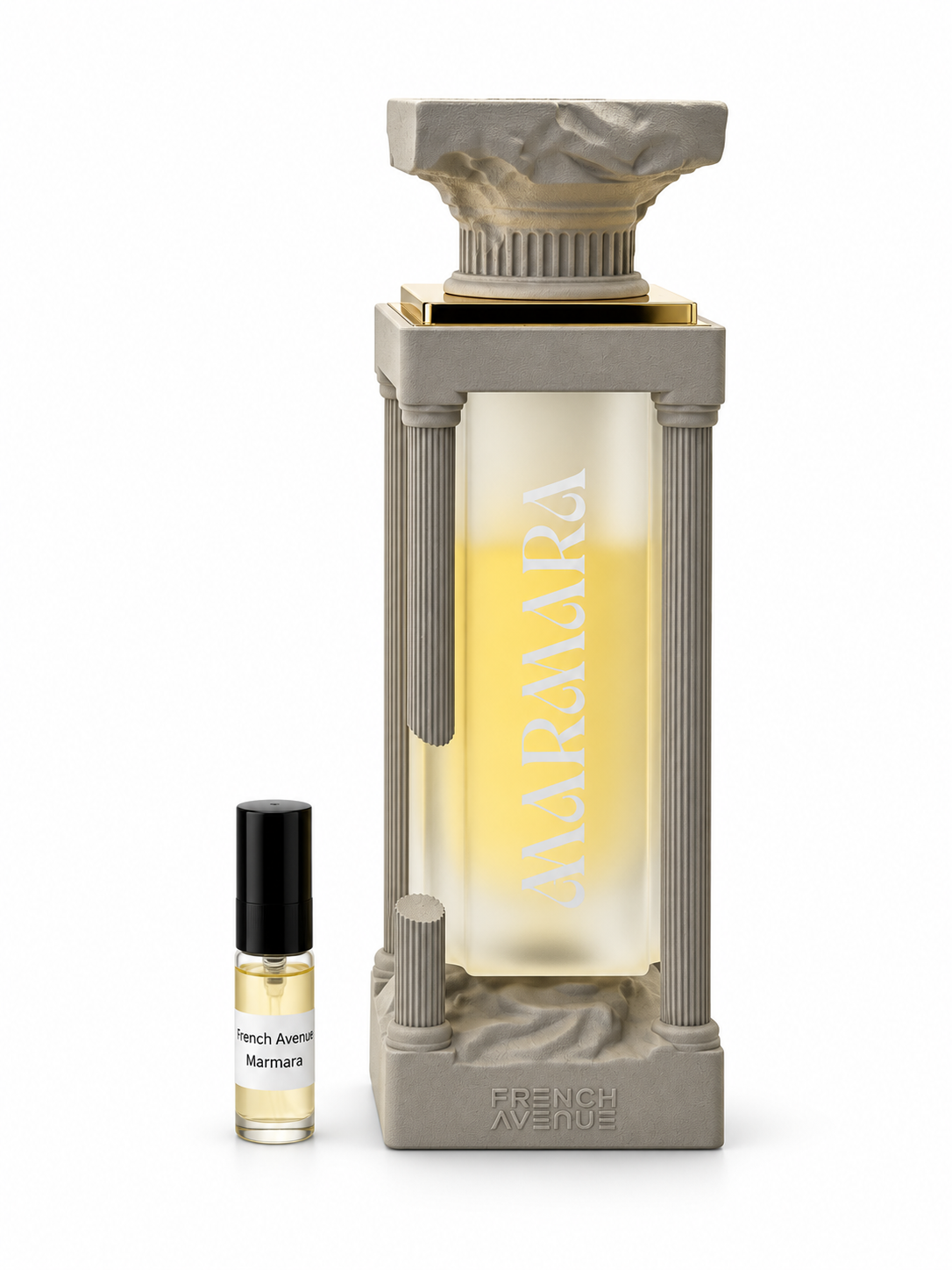 French Avenue Marmara fragrance bottle and black-capped sample vial on white