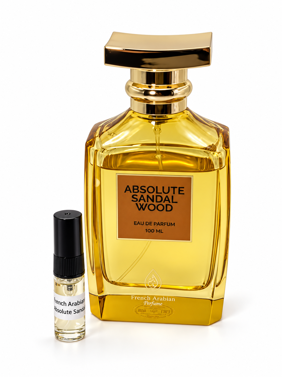 Absolute Sandalwood French arabian perfumes fragrance bottle and black-capped sample vial on white