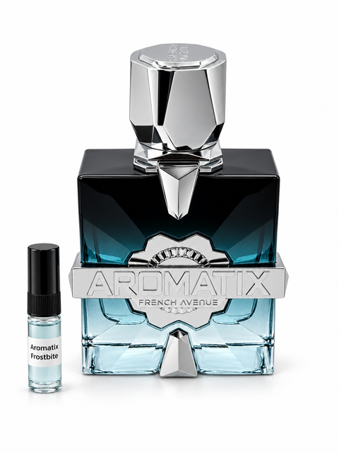 French Avenue Aromatix Frostbite fragrance bottle and black-capped sample vial on white