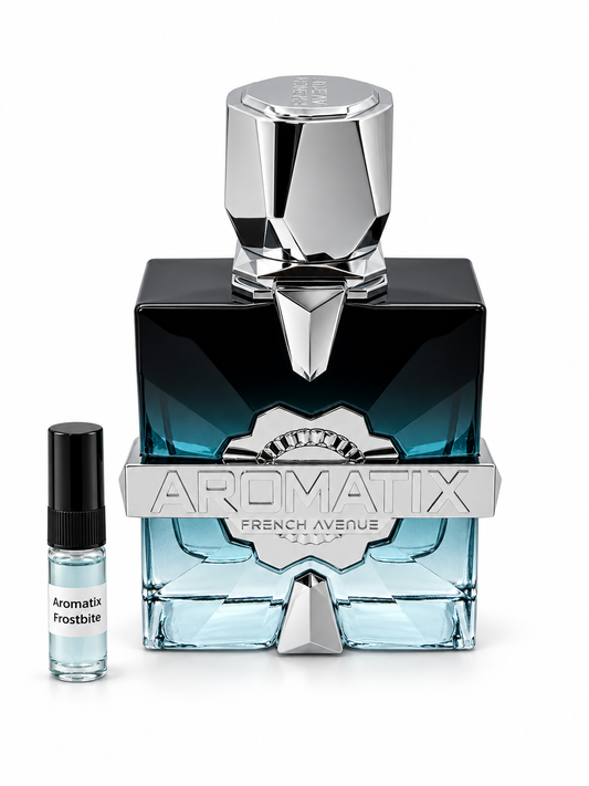 French Avenue Aromatix Frostbite fragrance bottle and black-capped sample vial on white