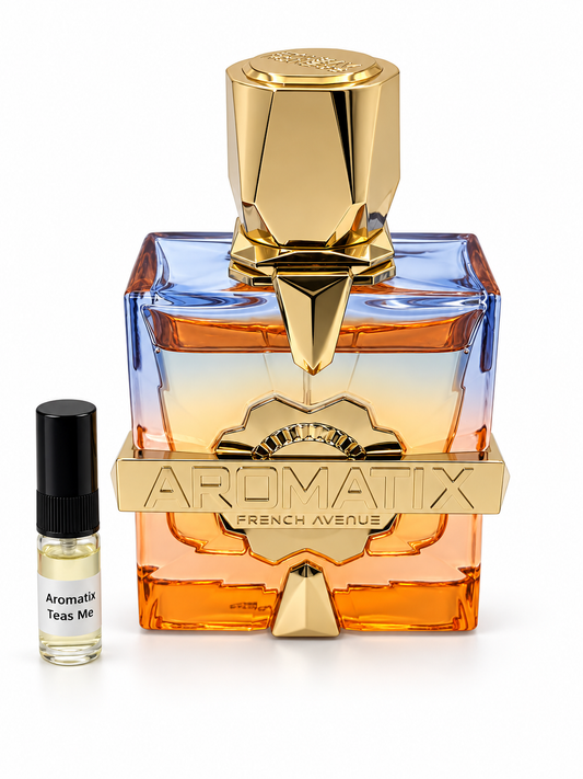 French Avenue Aromatix Teas Me fragrance bottle and black-capped sample vial on white