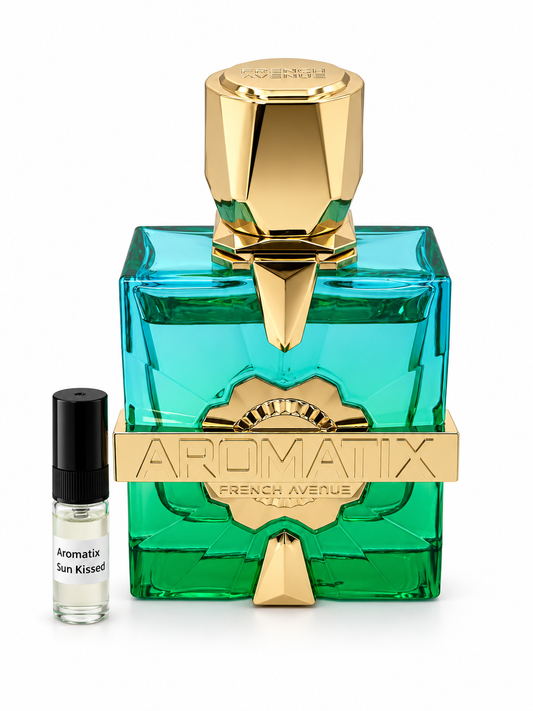 French Avenue Aromatix Sun Kissed fragrance bottle and black-capped sample vial on white
