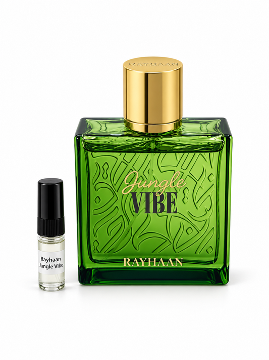 Rayhaan Jungle Vibe fragrance bottle and black-capped sample vial on white