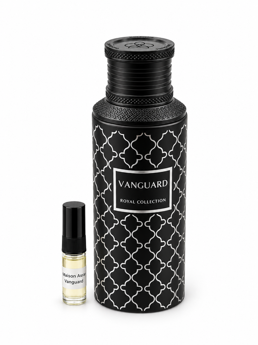 Maison Asrar Vanguard fragrance bottle and black-capped sample vial on white