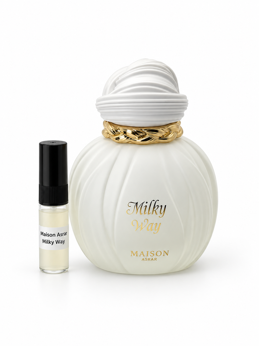 Maison Asrar Milky Way fragrance bottle and black-capped sample vial on white