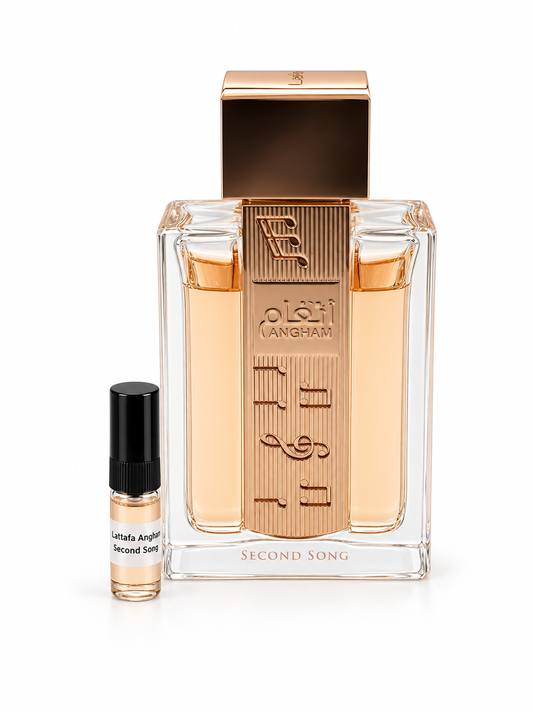 Lattafa Angham Second Song fragrance bottle and black-capped sample vial on white
