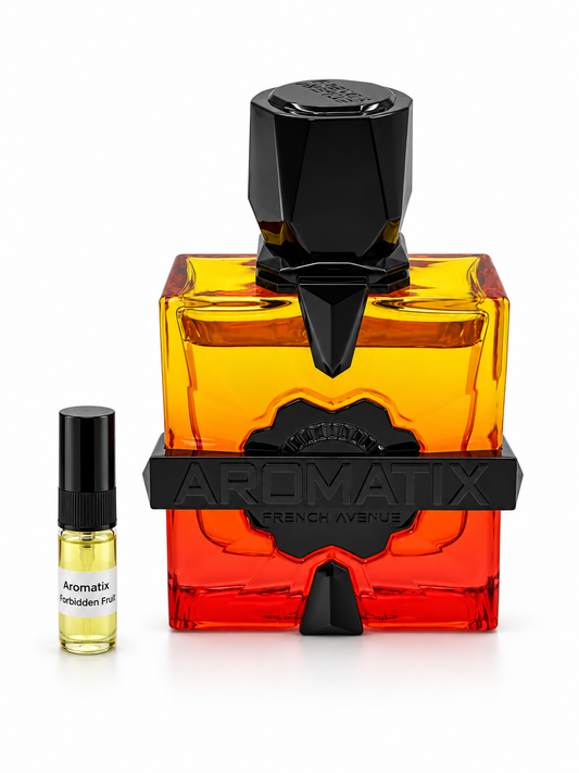 French Avenue Aromatix Forbidden Fruit fragrance bottle and black-capped sample vial on white
