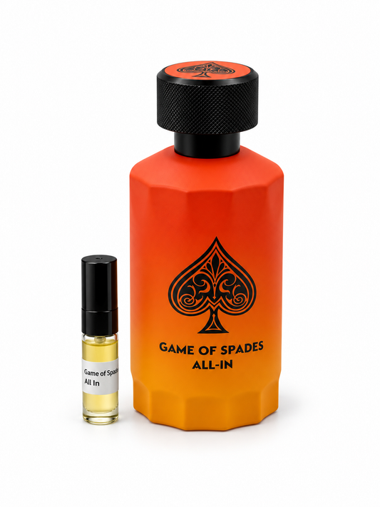 Game Of Spades All In fragrance bottle and black-capped sample vial on white