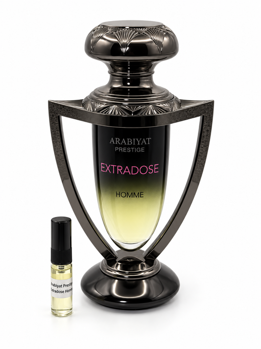 Arabiyat Prestige Extradose Homme fragrance bottle and black-capped sample vial on white