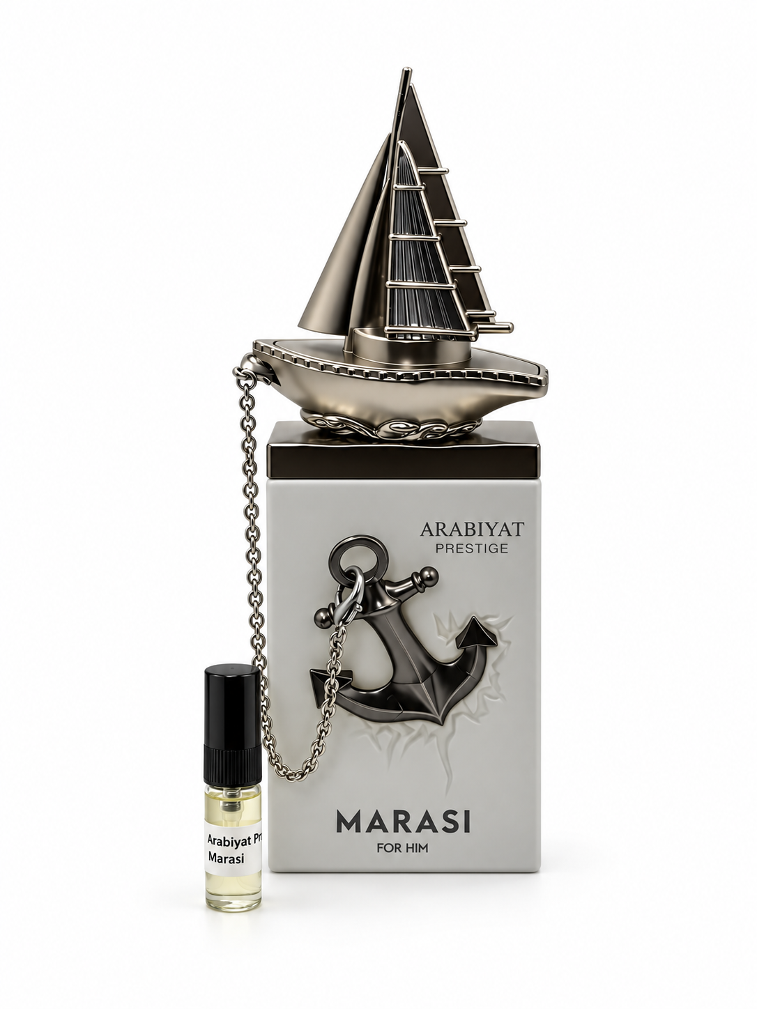 Arabiyat Prestige Marasi fragrance bottle and black-capped sample vial on white