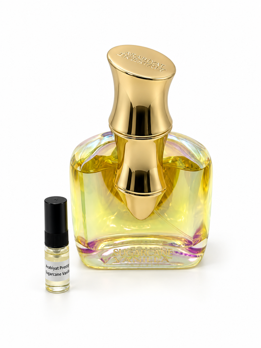 Arabiyat Prestige Sugarcane Vanilla fragrance bottle and black-capped sample vial on white