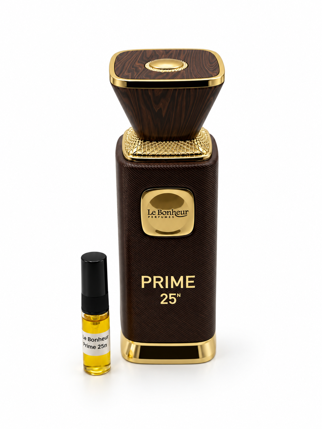 Le Bonheur Prime 25N fragrance bottle and black-capped sample vial on white