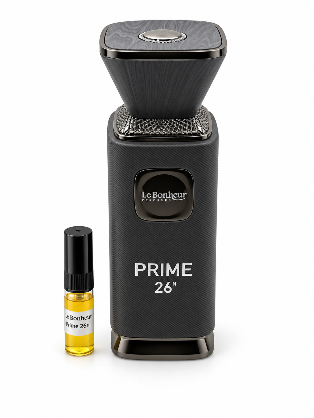 Le Bonheur Prime 26N fragrance bottle and black-capped sample vial on white