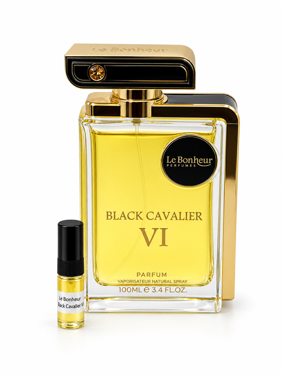 Le Bonheur Prime Black Cavalier VI fragrance bottle and black-capped sample vial on white