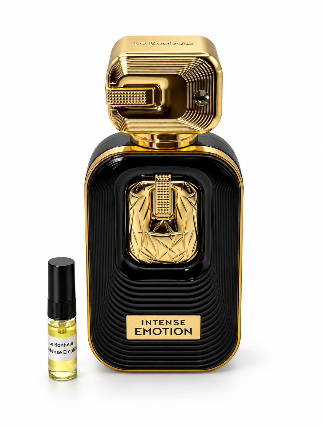 Le Bonheur Intense Emotion fragrance bottle and black-capped sample vial on white