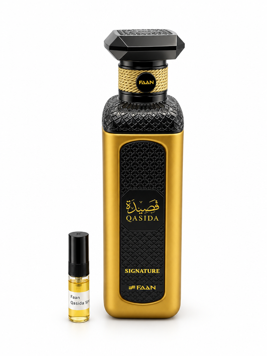 Faan Qasida Signature fragrance bottle and black-capped sample vial on white