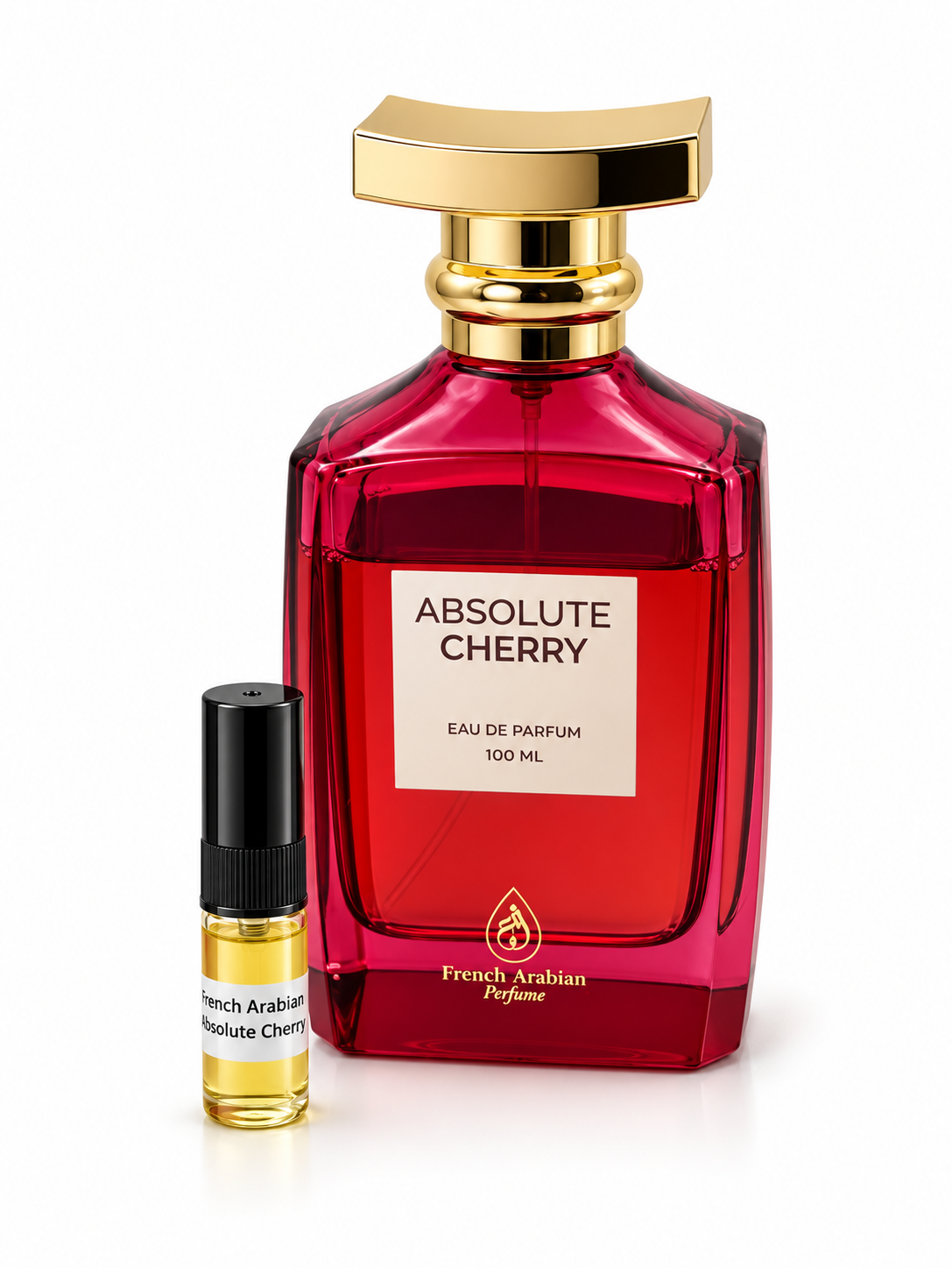 Absolute Cherry French Arabian Perfumes fragrance bottle and black-capped sample vial on white
