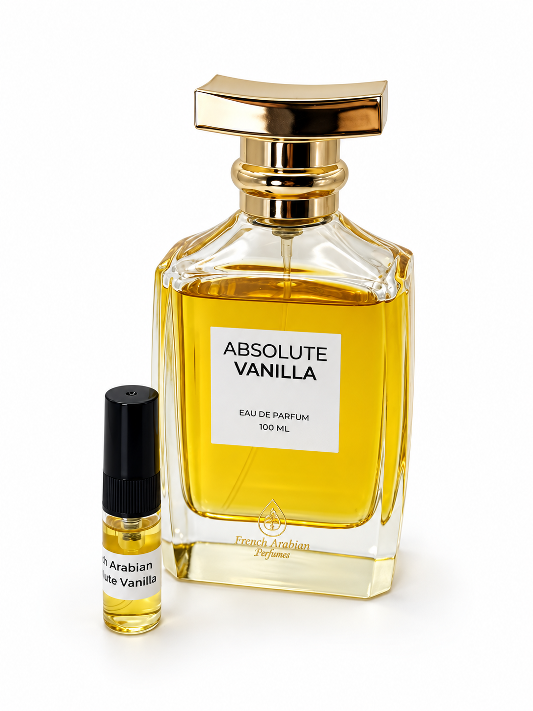 Absolute Vanilla French Arabian Perfumes fragrance bottle and black-capped sample vial on white