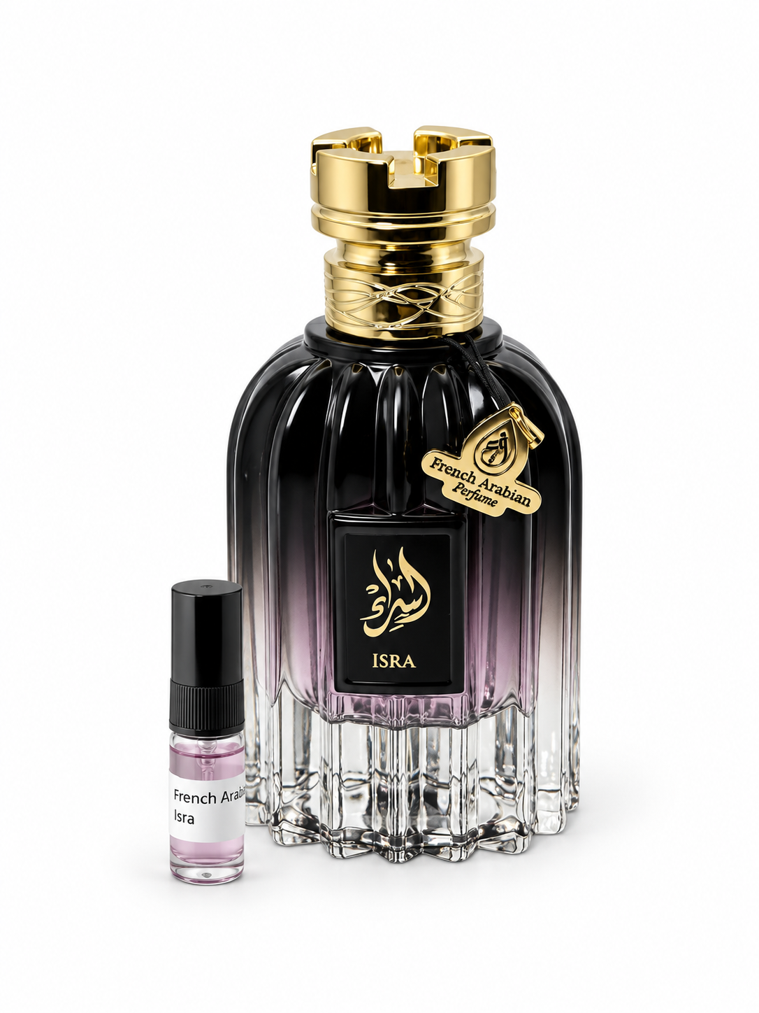Isra French Arabian Perfumes fragrance bottle and black-capped sample vial on white