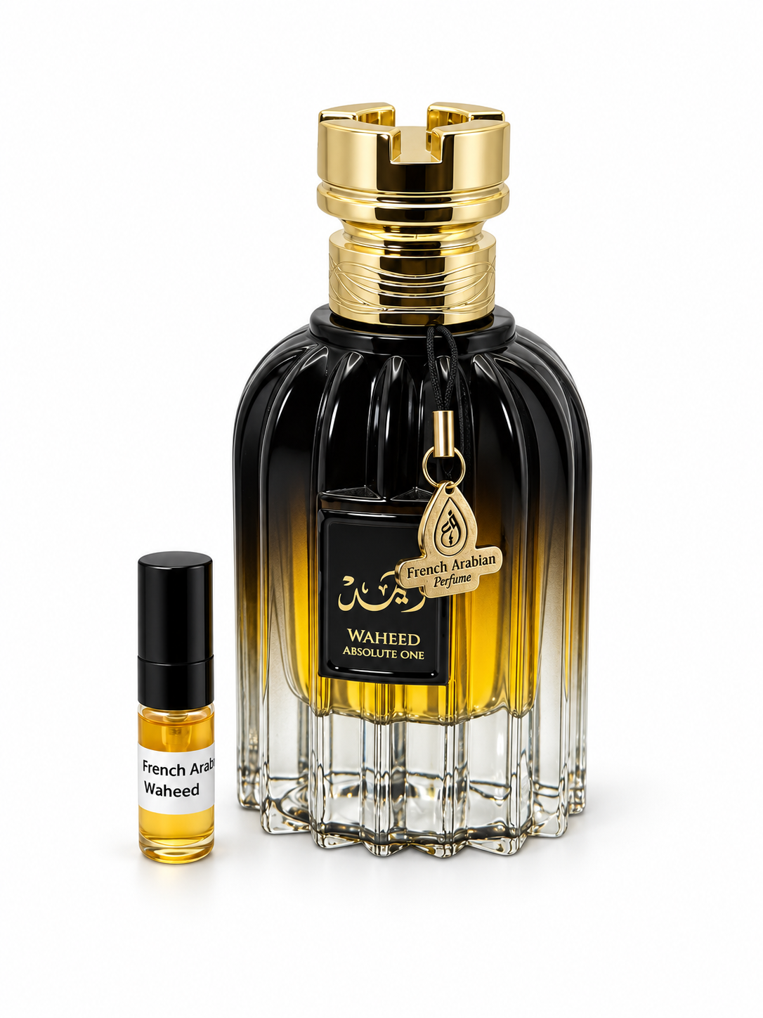 Waheed French Arabian Perfumes fragrance bottle and black-capped sample vial on white