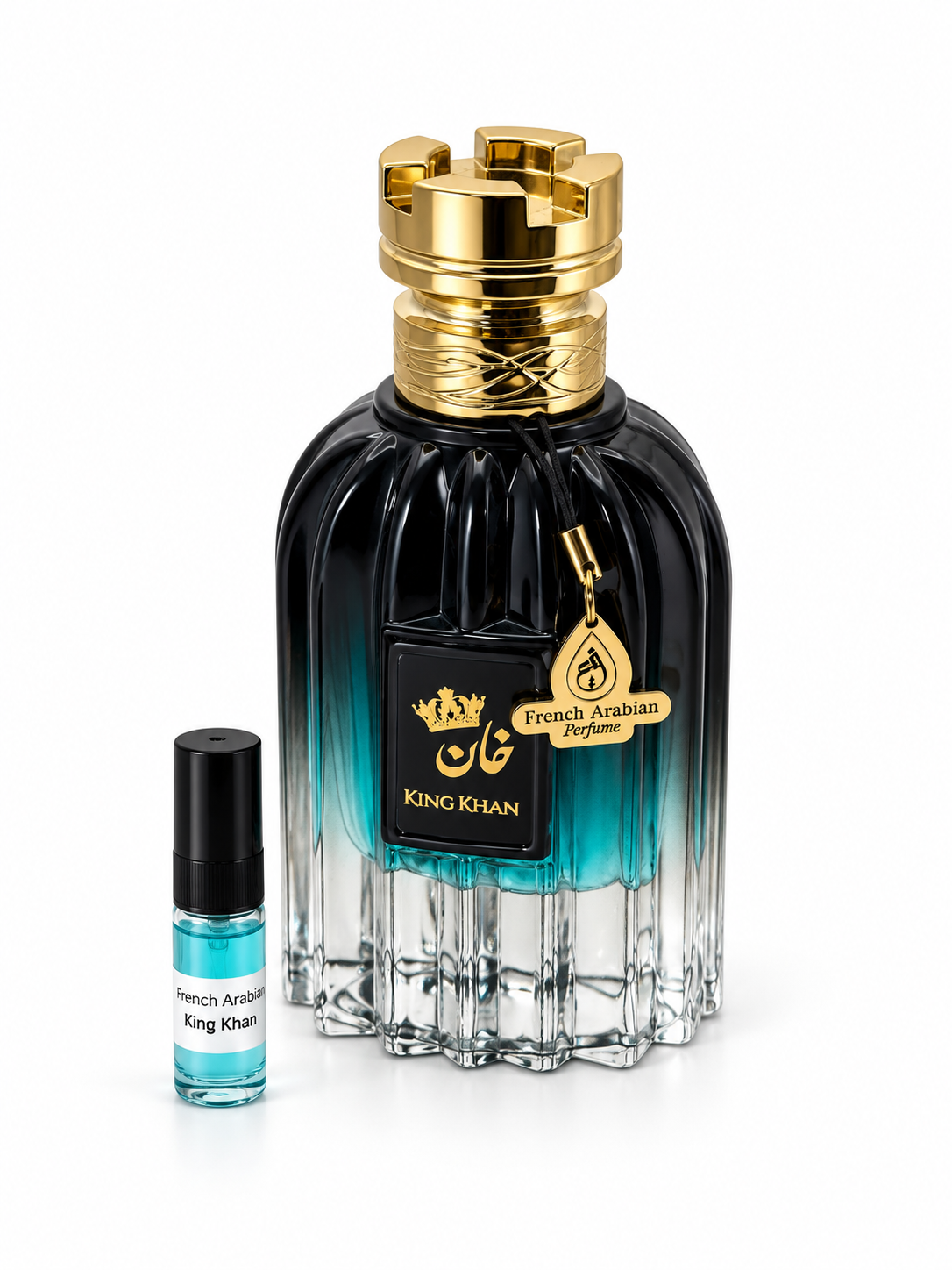 King Khan  French Arabian Perfumes fragrance bottle and black-capped sample vial on white