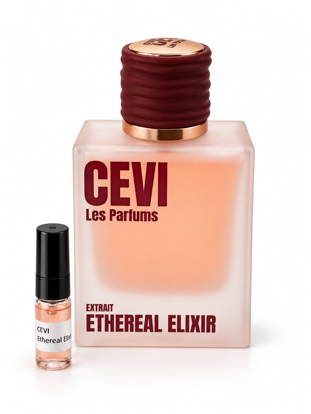 Cevi Ethereal Elixir fragrance bottle and black-capped sample vial on white