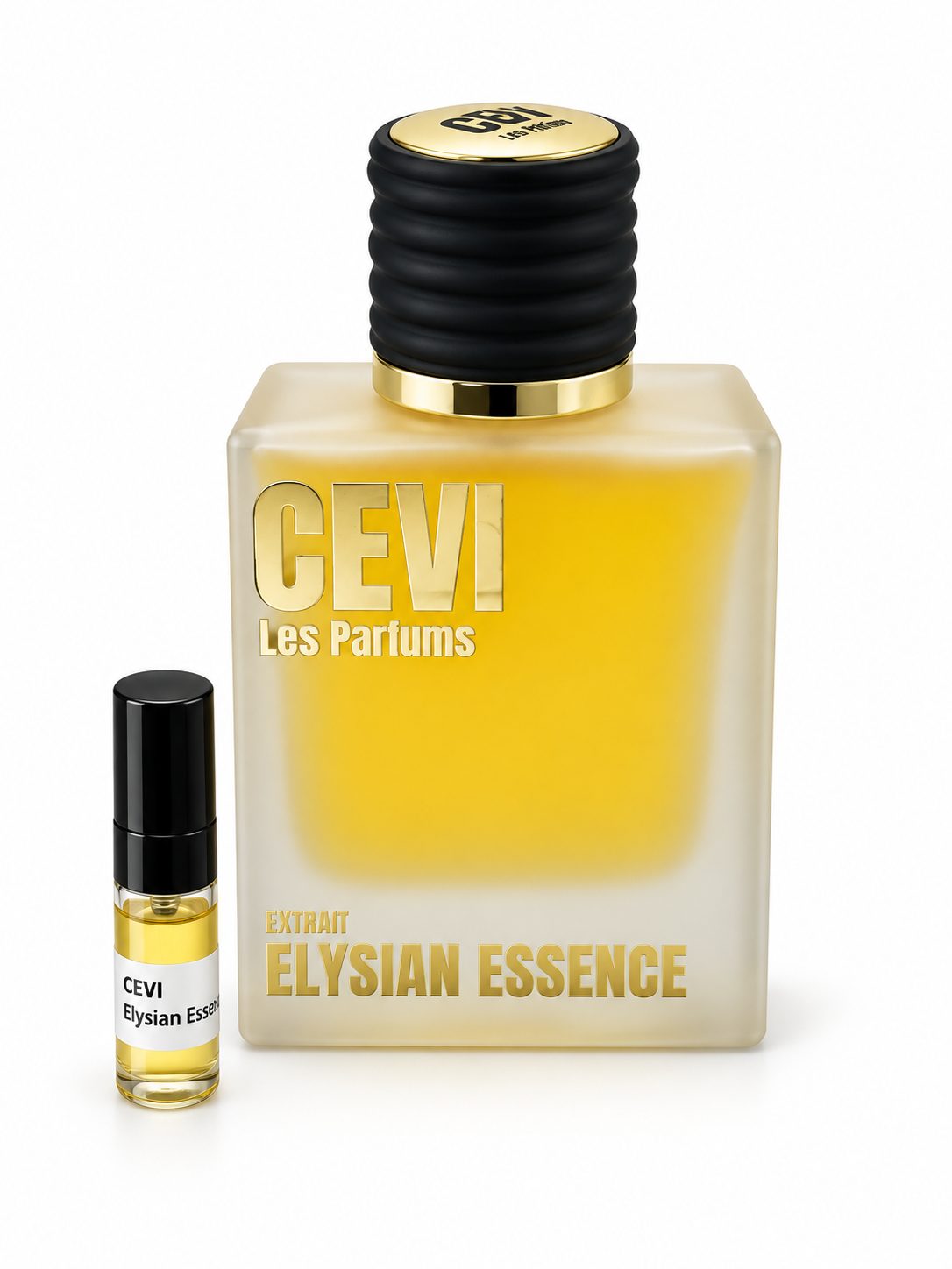 Cevi Elysian Essence fragrance bottle and black-capped sample vial on white