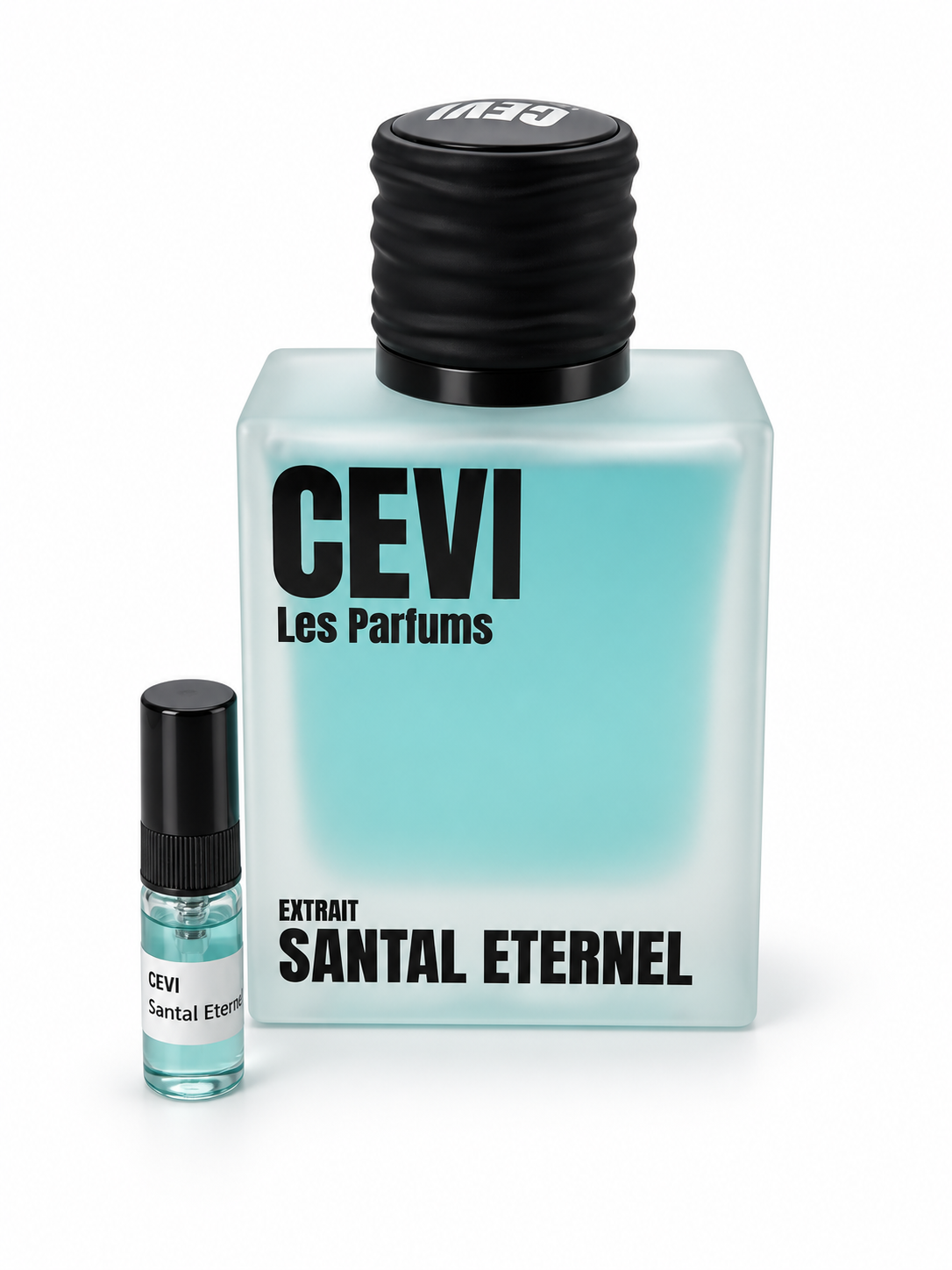 Cevi Santal Eternel fragrance bottle and black-capped sample vial on white
