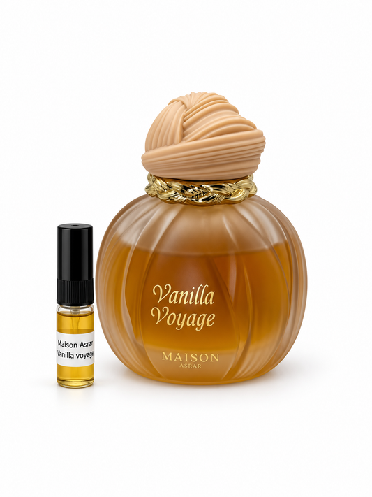 Maison Asrar Vanilla Voyage fragrance bottle and black-capped sample vial on white