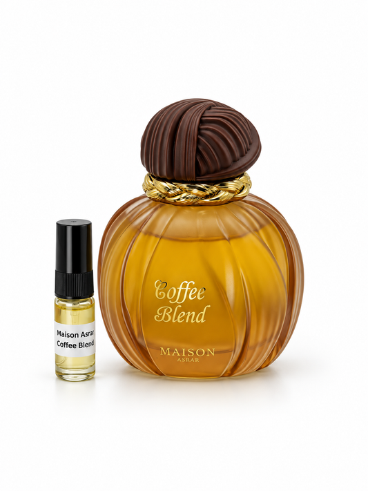 Maison Asrar Coffee Blend fragrance bottle and black-capped sample vial on white