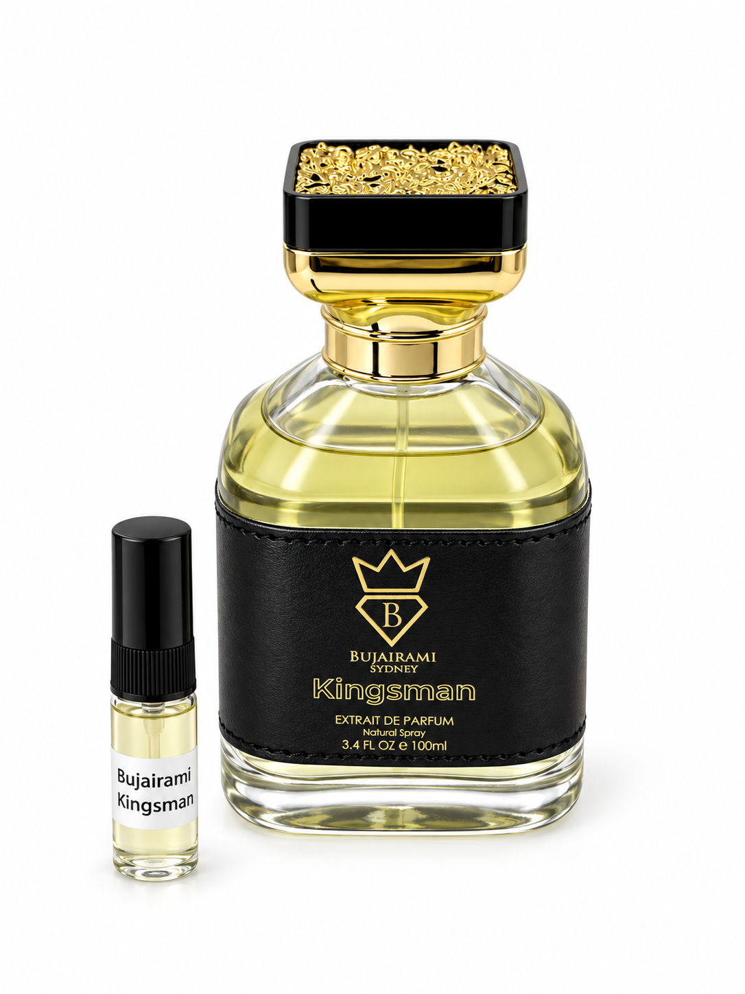 Bujairami Kingsman fragrance bottle and black-capped sample vial on white