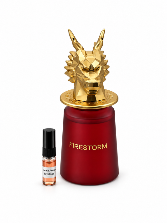 French Avenue Firestorm fragrance bottle and black-capped sample vial on white