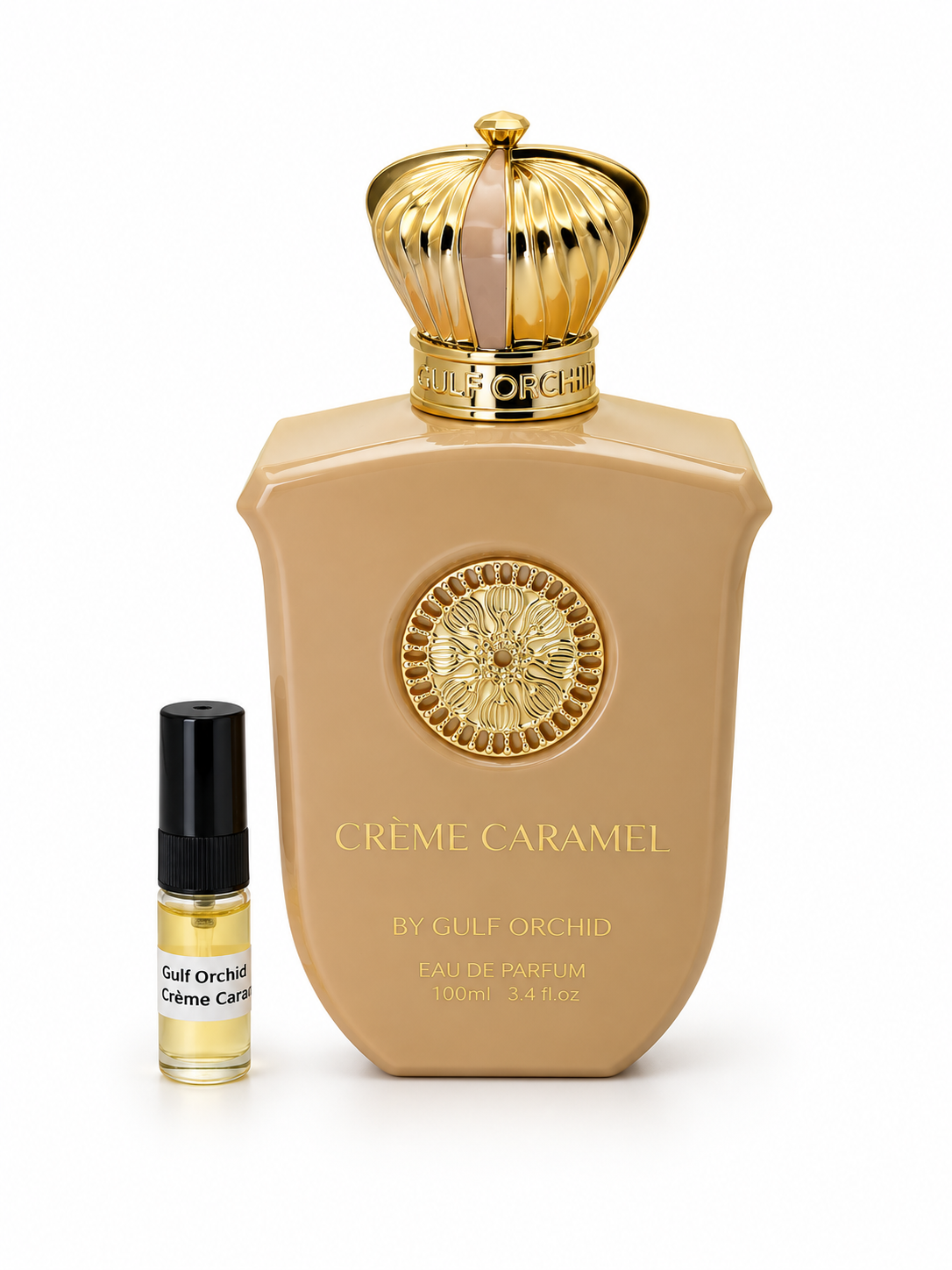 Gulf Orchid Creme Caramel fragrance bottle and black-capped sample vial on white