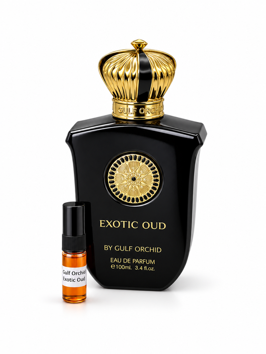 Gulf Orchid Exotic Oud fragrance bottle and black-capped sample vial on white
