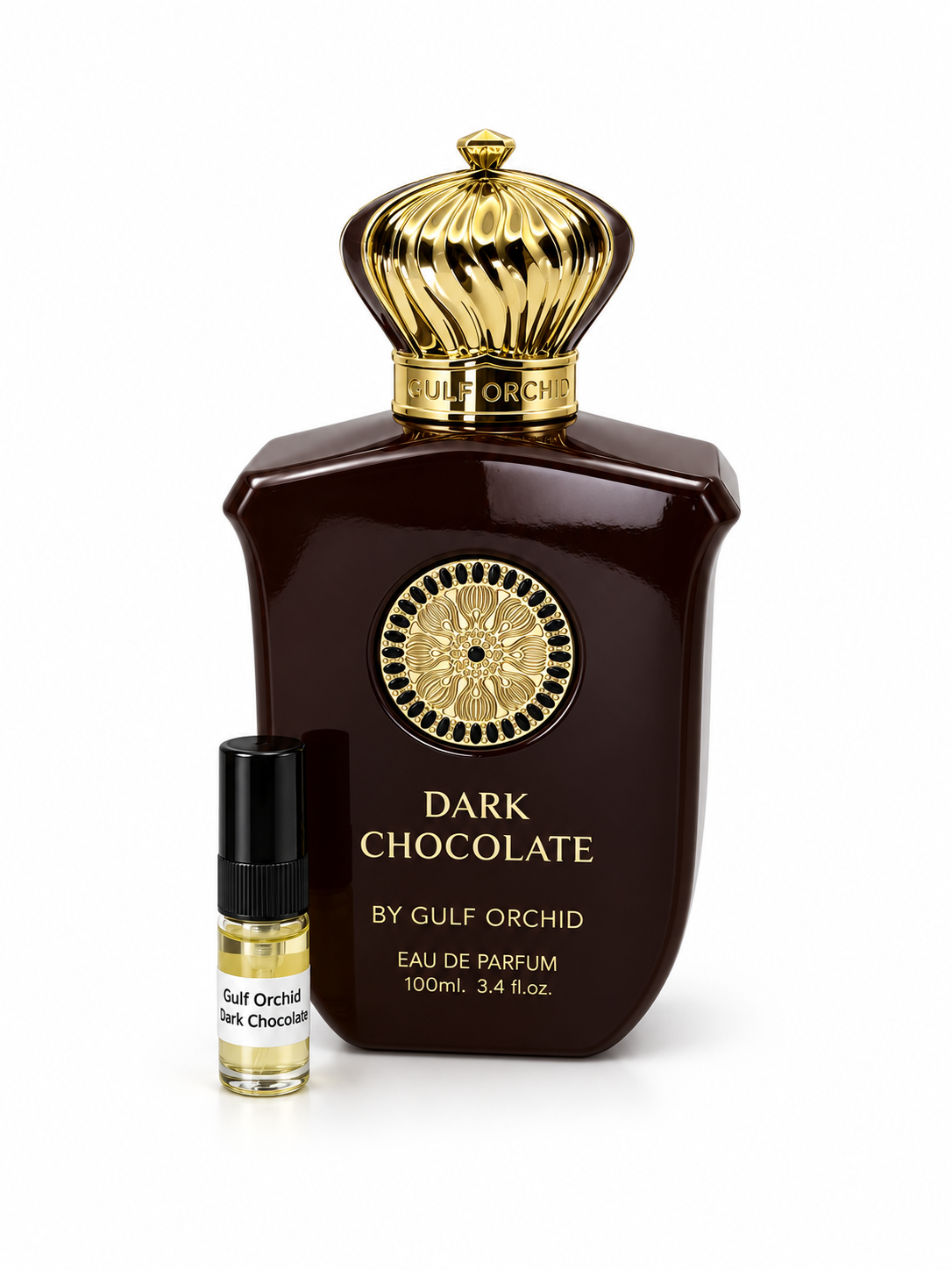 Gulf Orchid Dark Chocolate fragrance bottle and black-capped sample vial on white