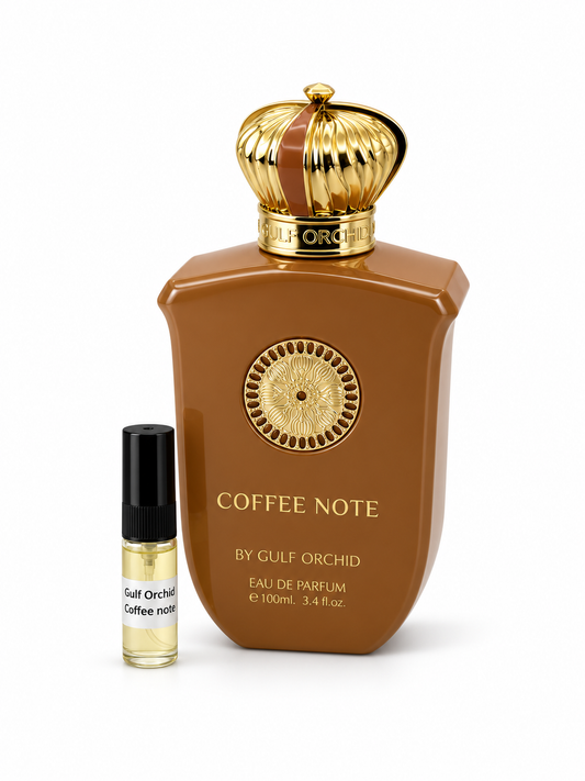 Gulf Orchid Coffee Note fragrance bottle and black-capped sample vial on white
