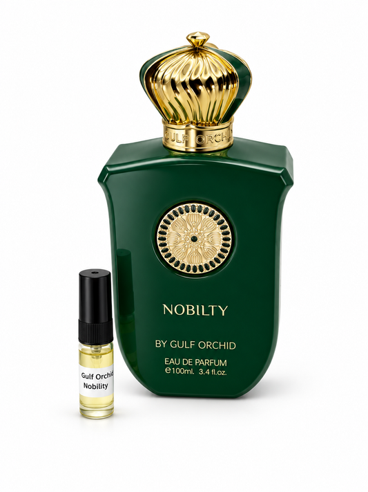 Gulf Orchid Nobility fragrance bottle and black-capped sample vial on white