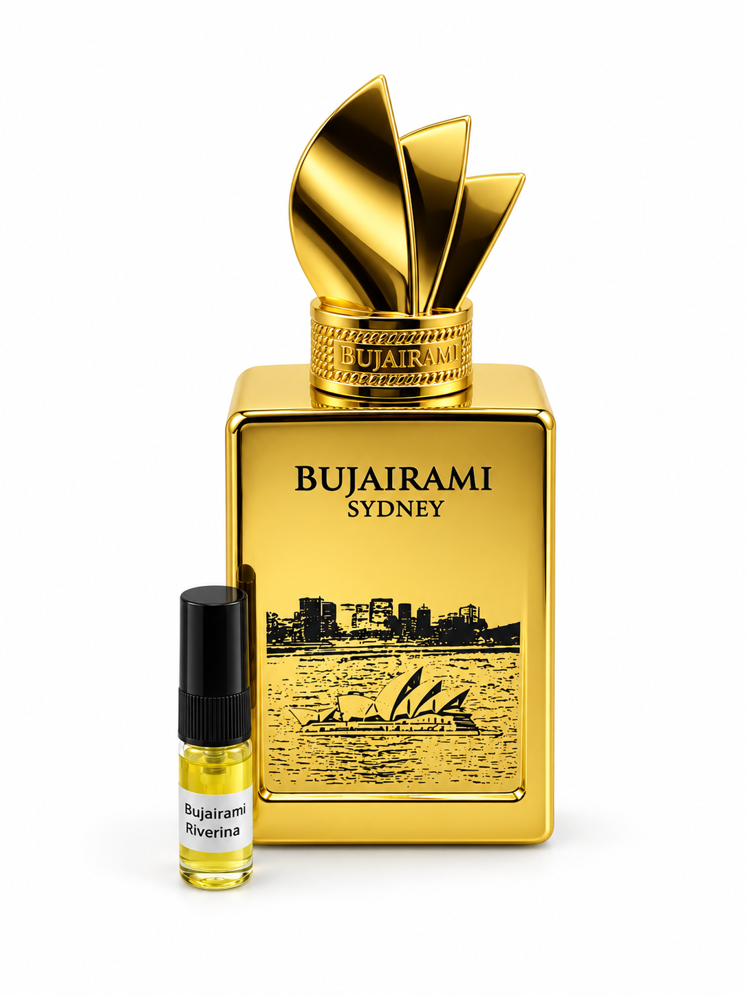 Bujairami Riverina fragrance bottle and black-capped sample vial on white