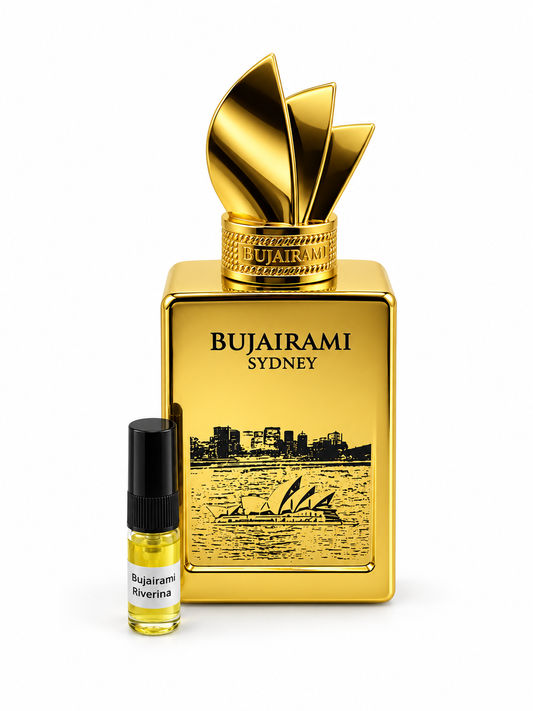 Bujairami Riverina fragrance bottle and black-capped sample vial on white
