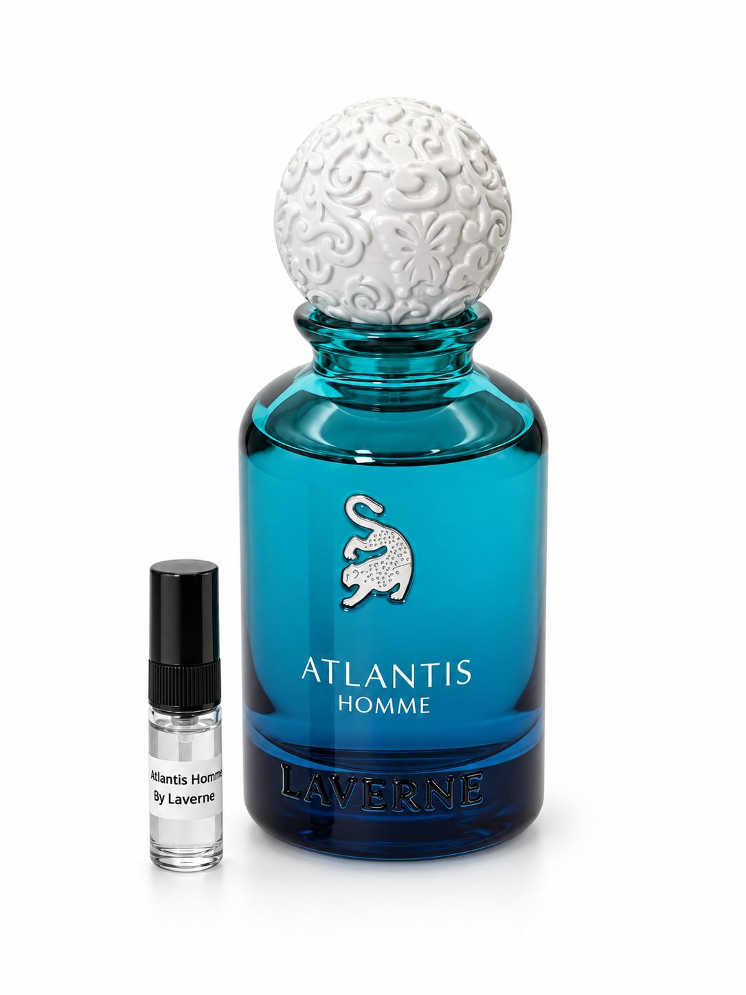 Atlantis Homme By Laverne fragrance bottle and black-capped sample vial on white
