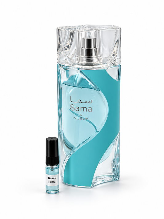 Nusuk Sama fragrance bottle and black-capped sample vial on white