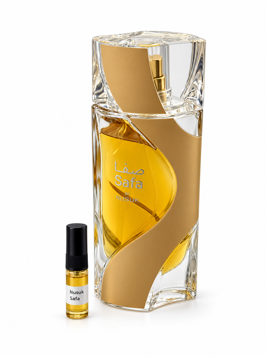 Nusuk Safa fragrance bottle and black-capped sample vial on white