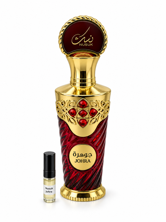 Nusuk Johra fragrance bottle and black-capped sample vial on white