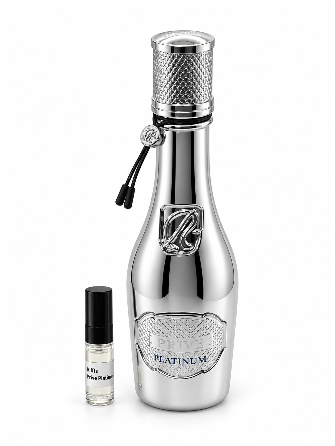 Riiffs Prive Platinum fragrance bottle and black-capped sample vial on white