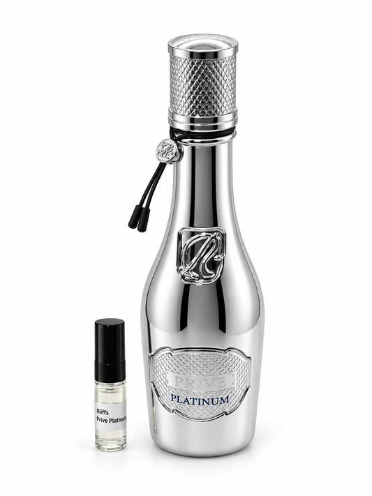Riiffs Prive Platinum fragrance bottle and black-capped sample vial on white