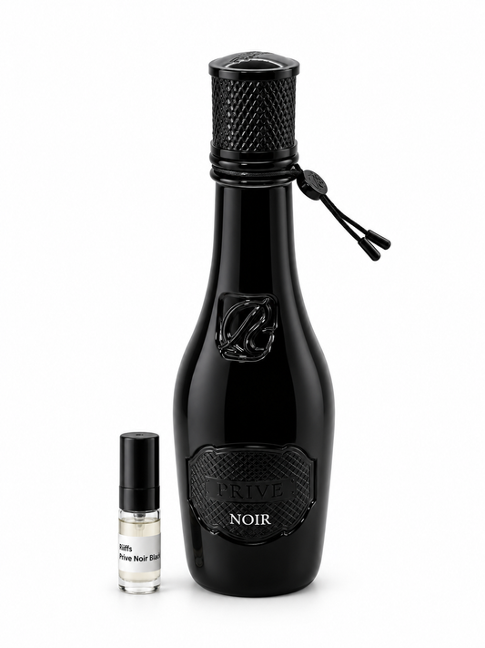 Riiffs Prive Noir Black fragrance bottle and black-capped sample vial on white